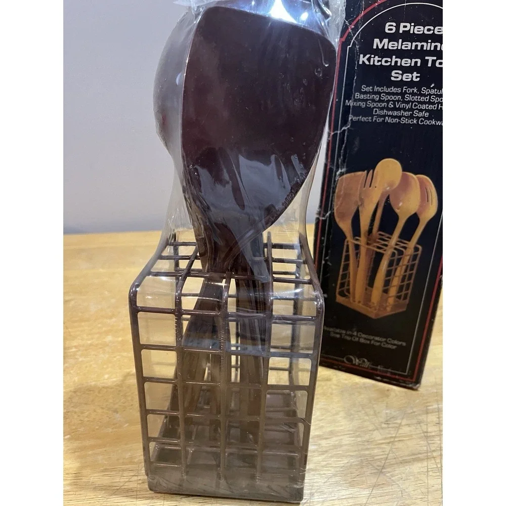 Vtg Brown‎ Melamine Kitchen Utensils Rosti Set of 6 With Metal Rack NOS